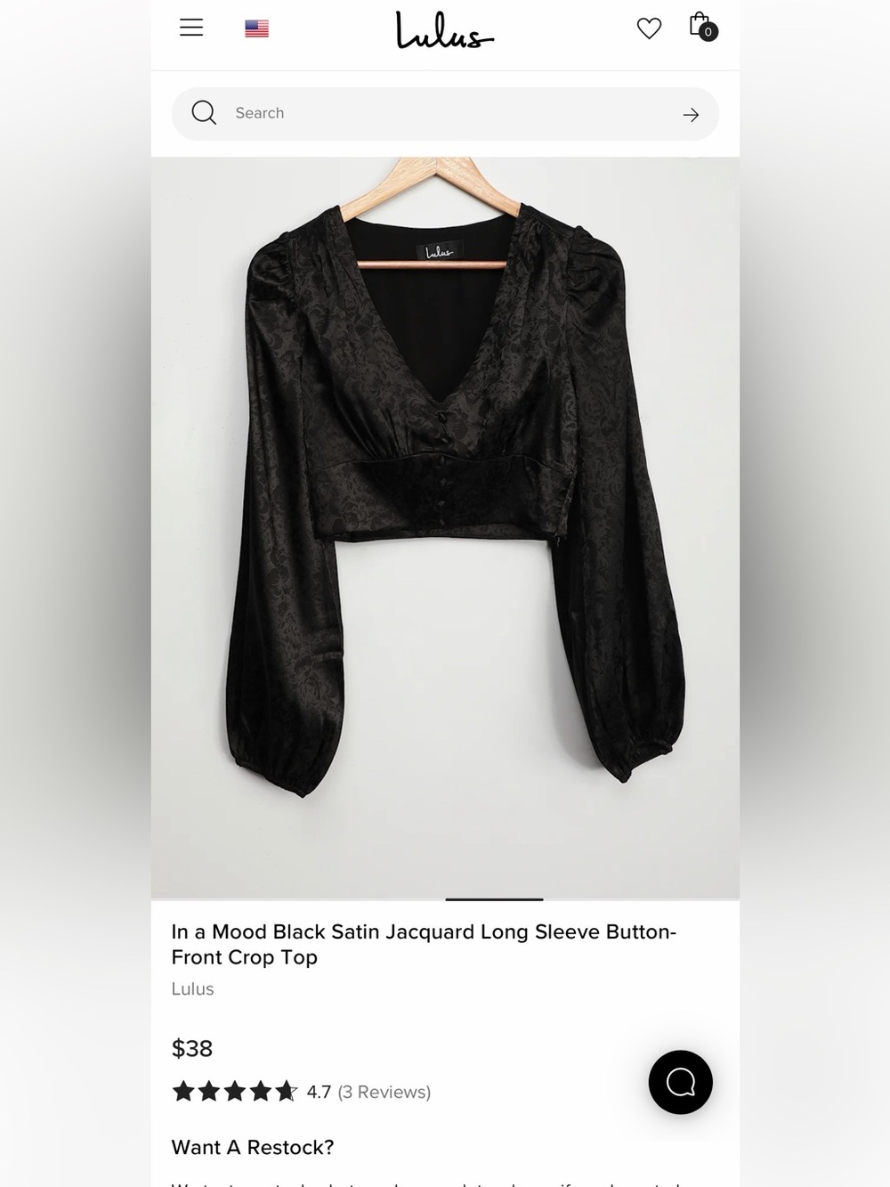 NWOT LULUS In a Mood Black Satin Jacquard Long Sleeve Crop Top Size XS - Picture 3 of 10
